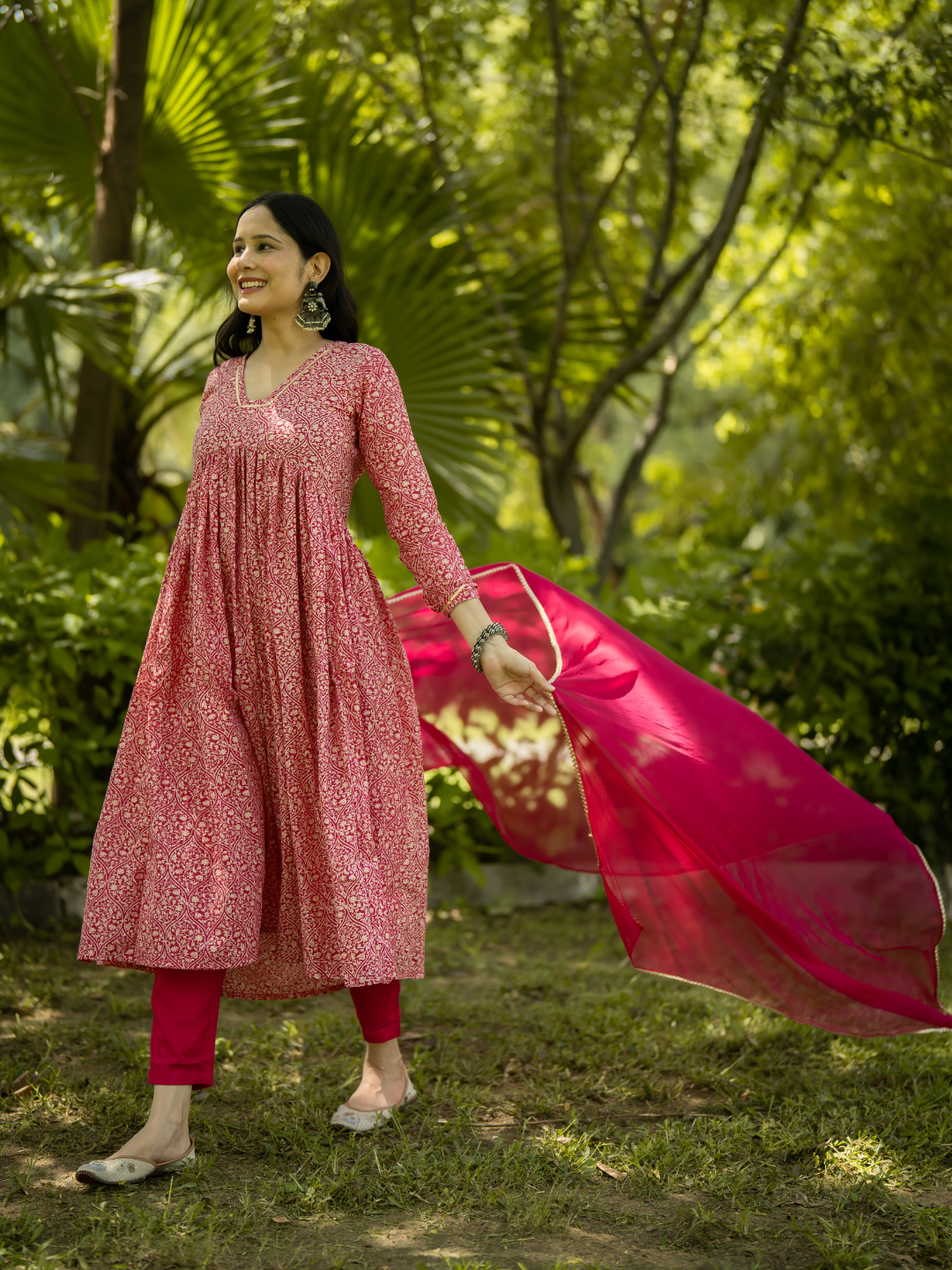 PINK COTTON FLARED KURTA SET