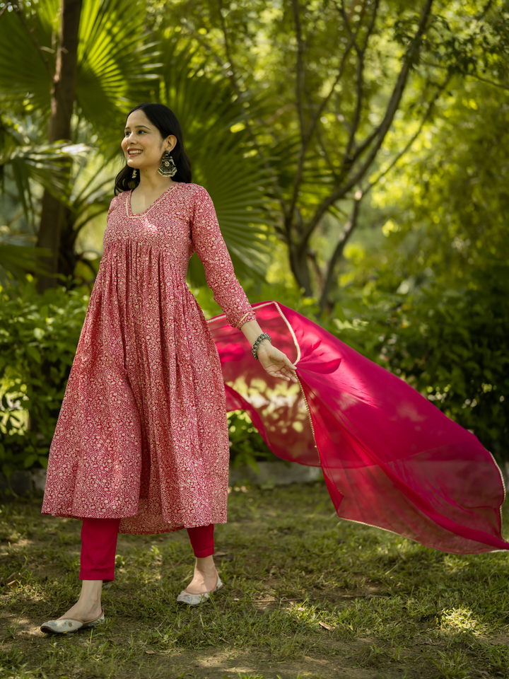 PINK COTTON FLARED KURTA SET