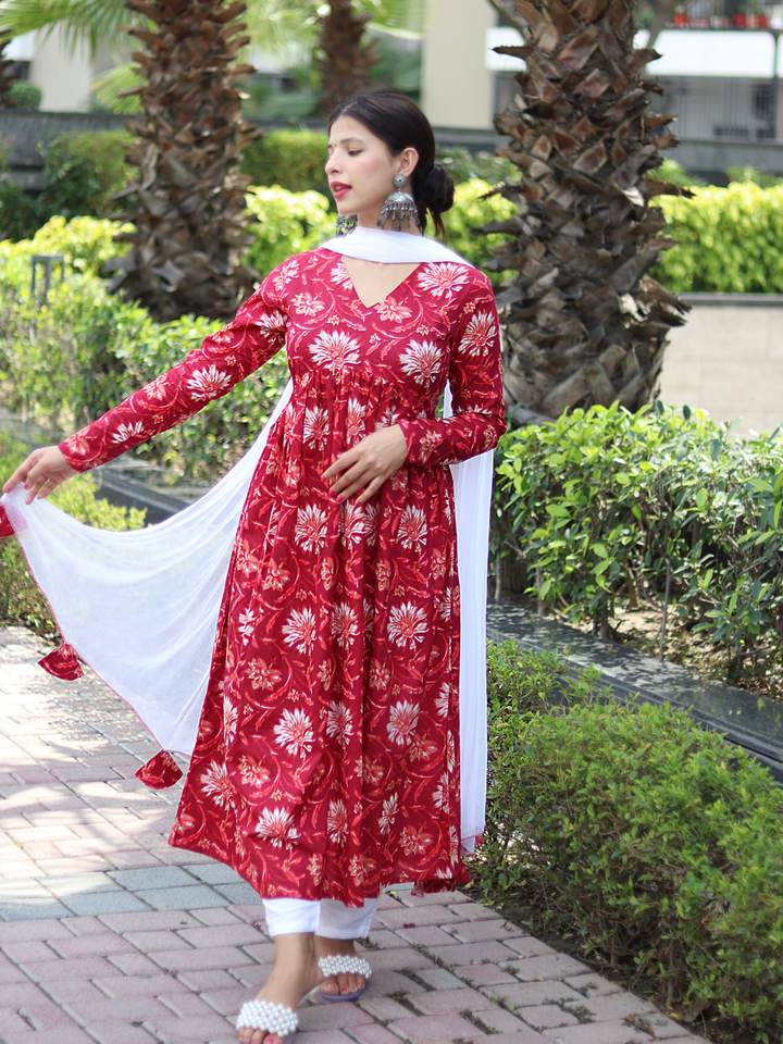RED COTTON FLORAL SUIT SET