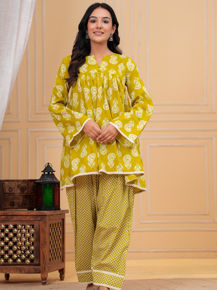 GREEN PRINTED ANARKALI FARSI SET