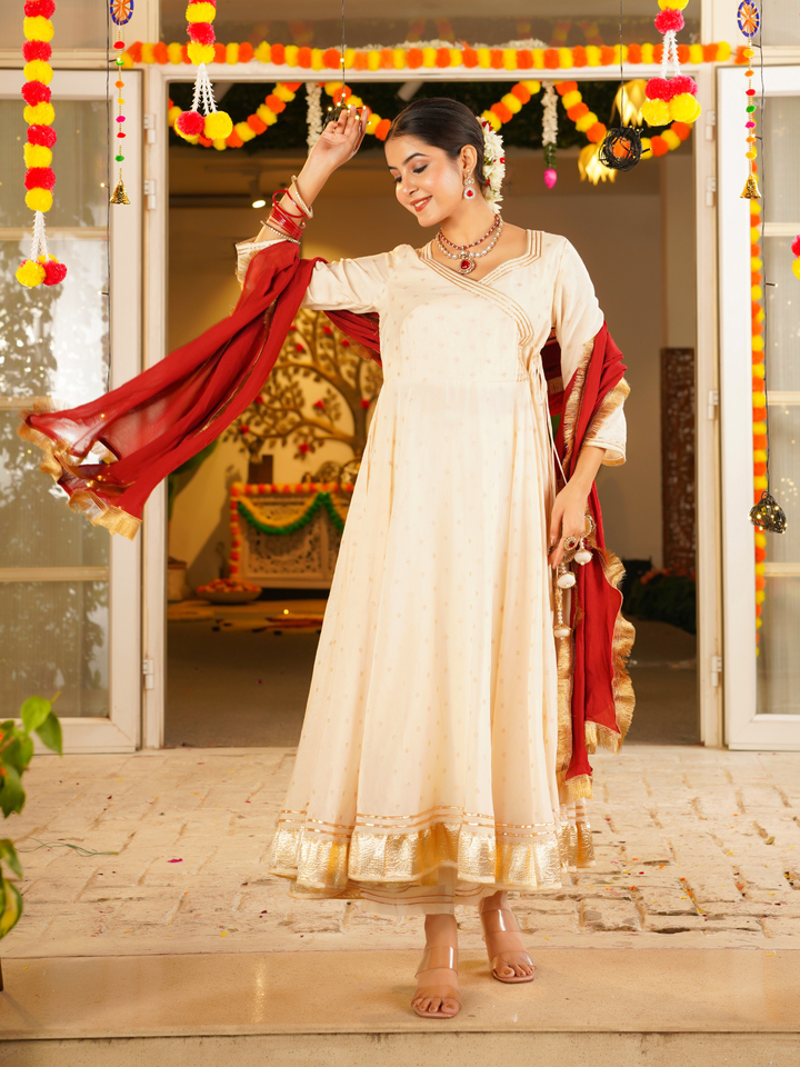 GLOWRA CREAM CHANDERI ANARKALI SET