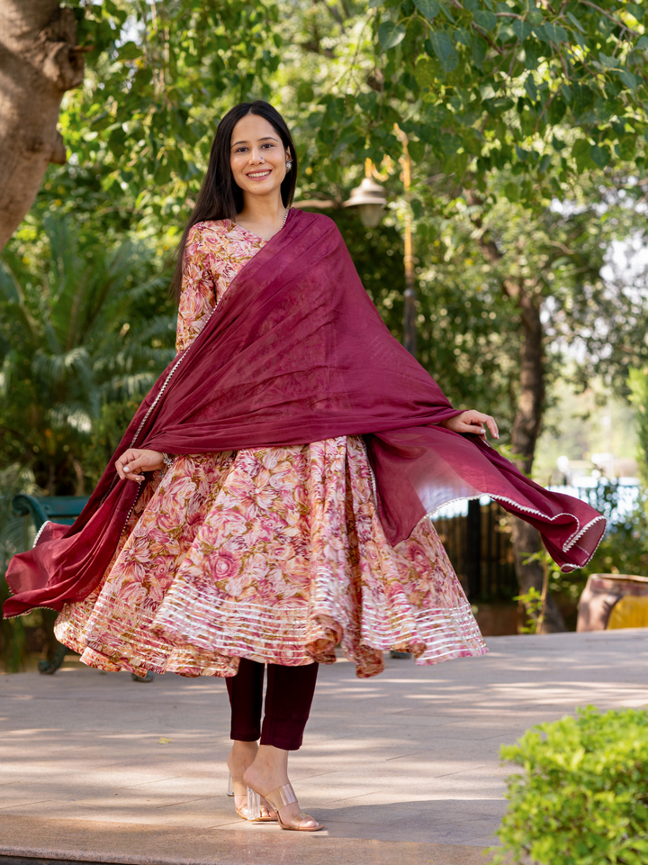 GOTA-ADORNED WINE ANARKALI SUIT SET