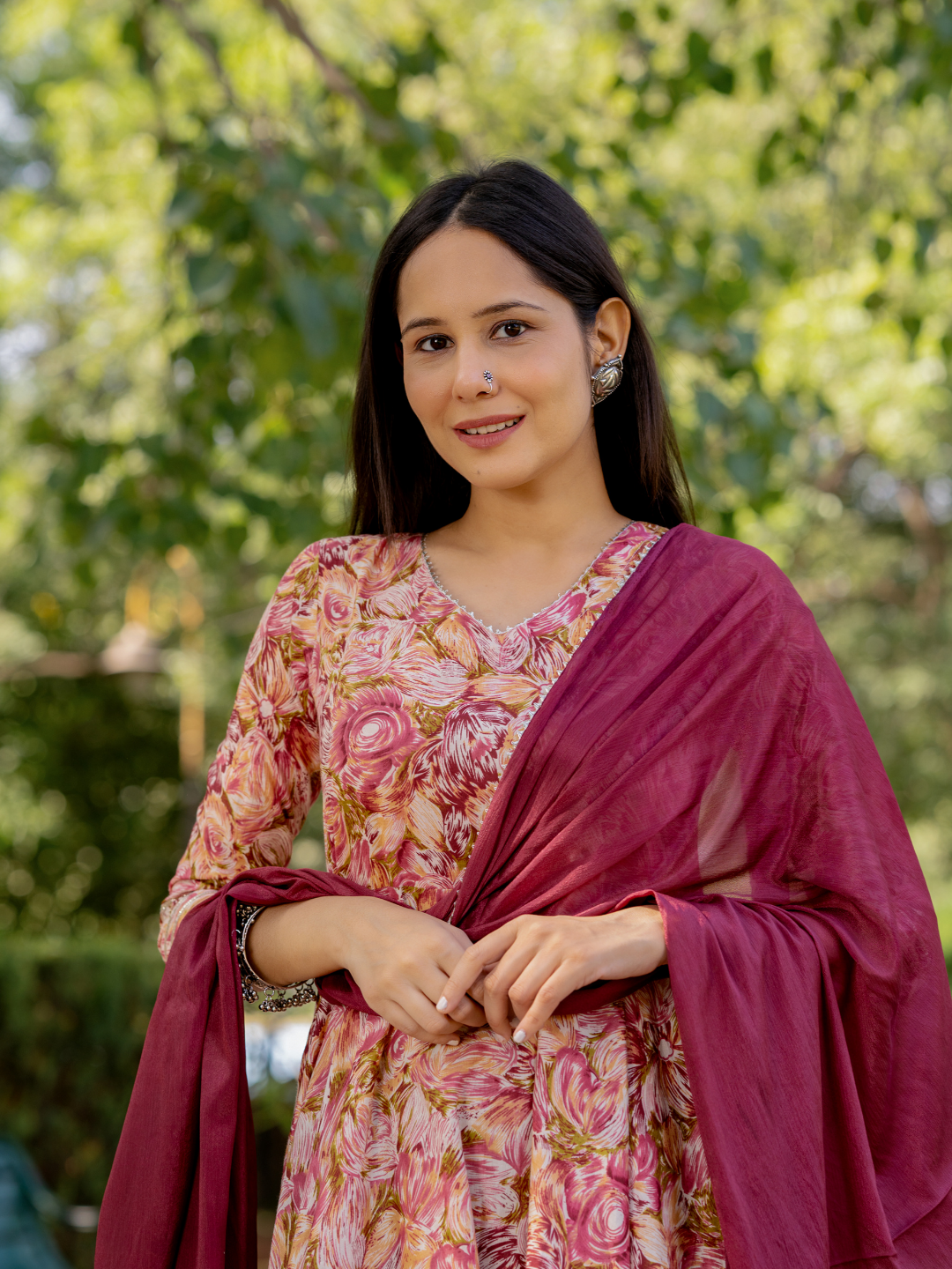 GOTA-ADORNED WINE ANARKALI SUIT SET