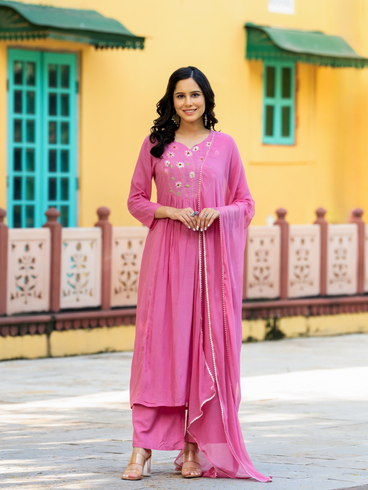 PEACH THREAD EMBROIDERY KURTA SET