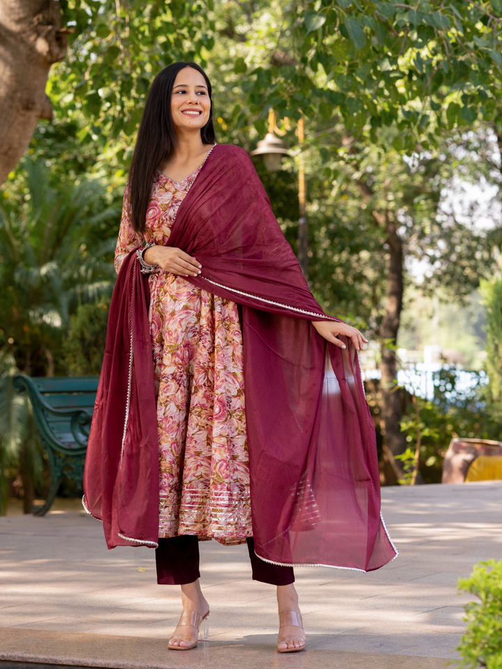 GOTA-ADORNED WINE ANARKALI SUIT SET