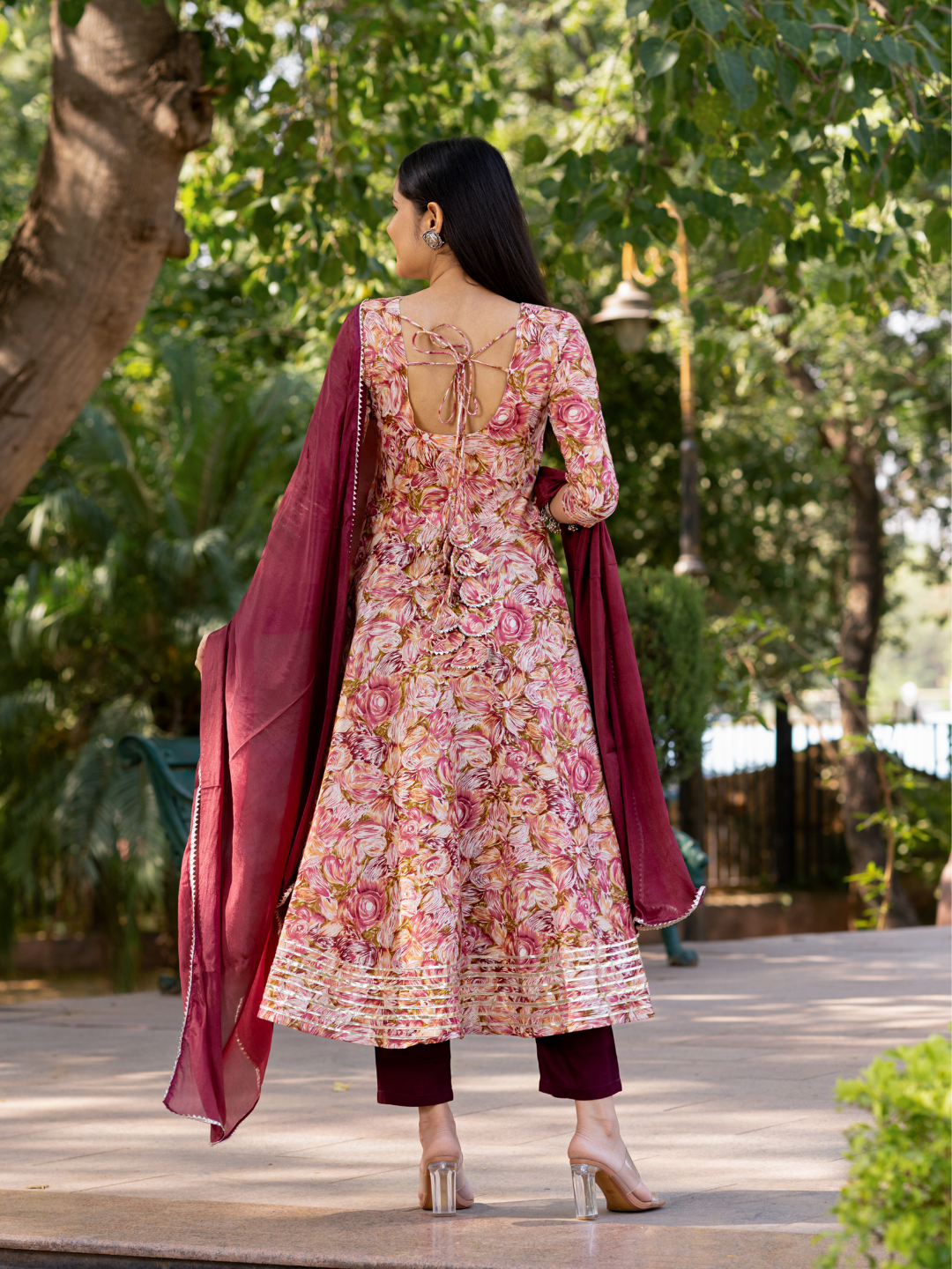GOTA-ADORNED WINE ANARKALI SUIT SET