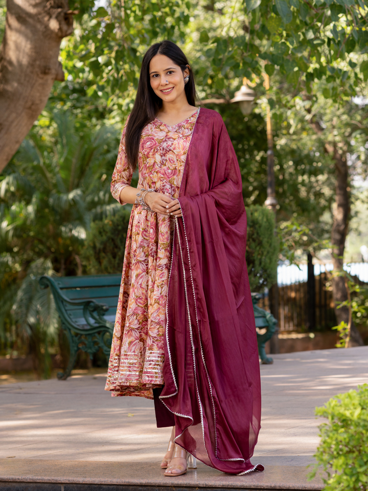 GOTA-ADORNED WINE ANARKALI SUIT SET