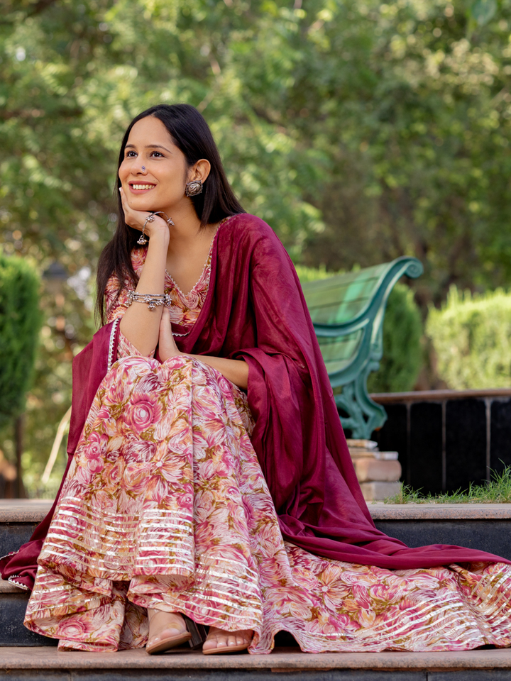 GOTA-ADORNED WINE ANARKALI SUIT SET