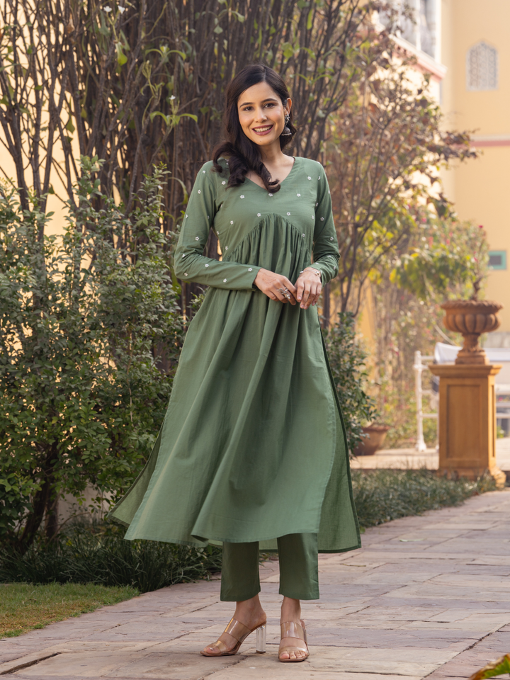 OLIVE EMBROIDERY KURTA SET