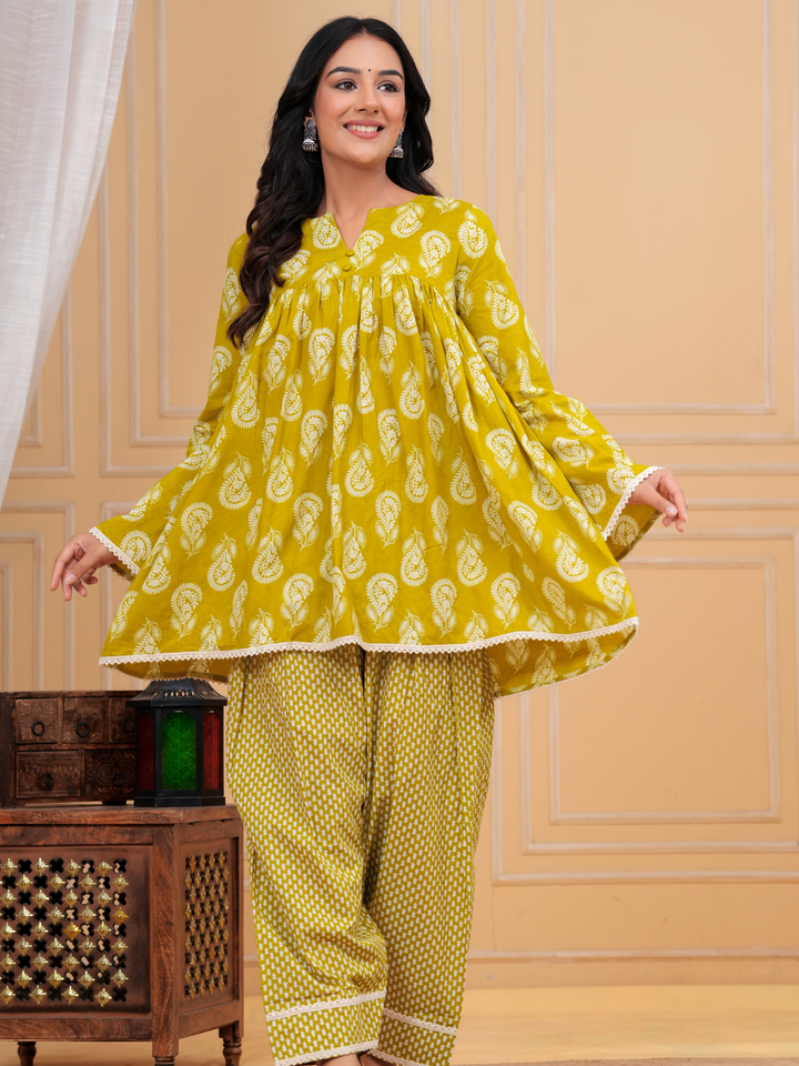 GREEN PRINTED ANARKALI FARSI SET