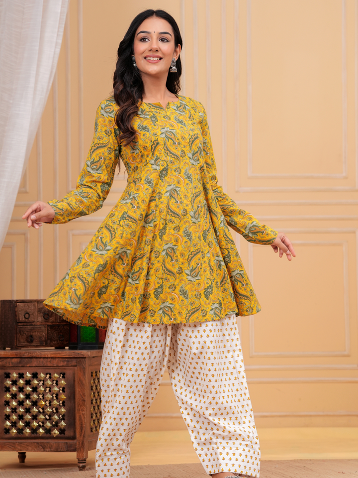 MUSTARD FLORAL ANARKALI FARSI SET