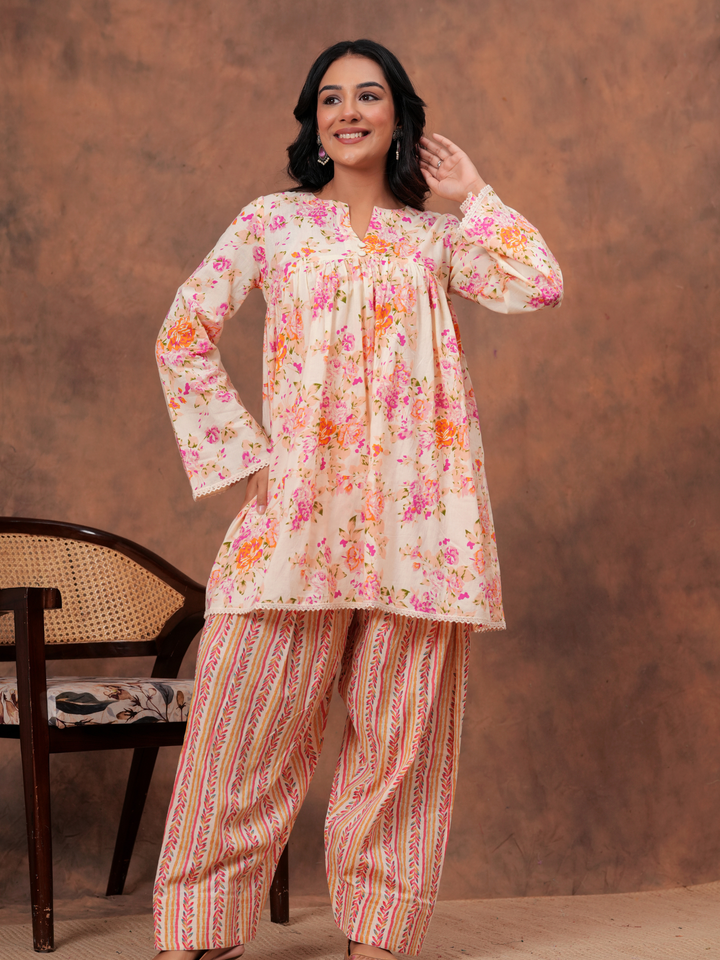 PEACH FLORAL ANARKALI FARSI SET