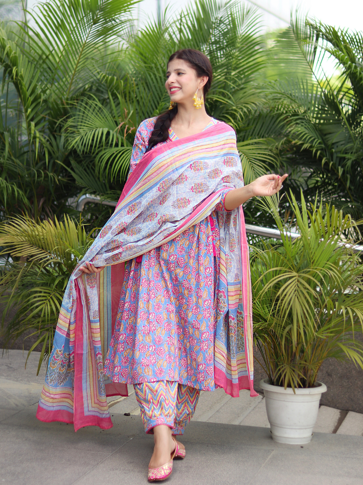 PINK COTTON ANARKALI SUIT SET