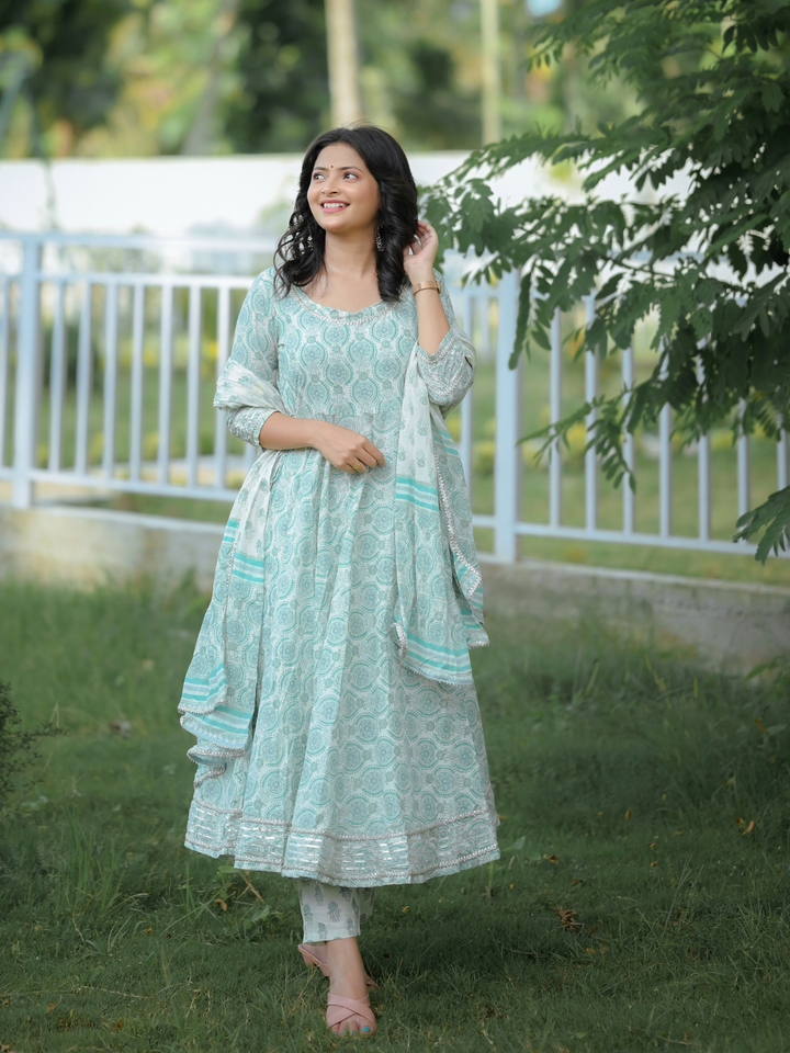 GREEN PRINTED GOTA SUIT SET
