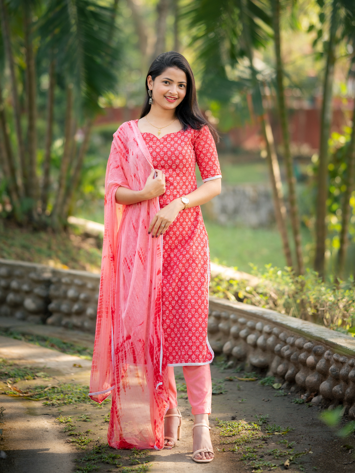 RED COTTON KANTHA KURTA SET