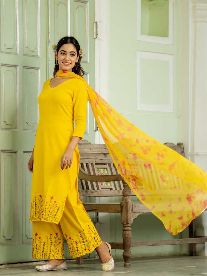 BRIGHT MUSTARD EMBROIDERY PALAZZO SET