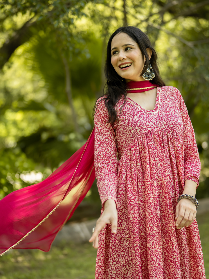 PINK COTTON FLARED KURTA SET