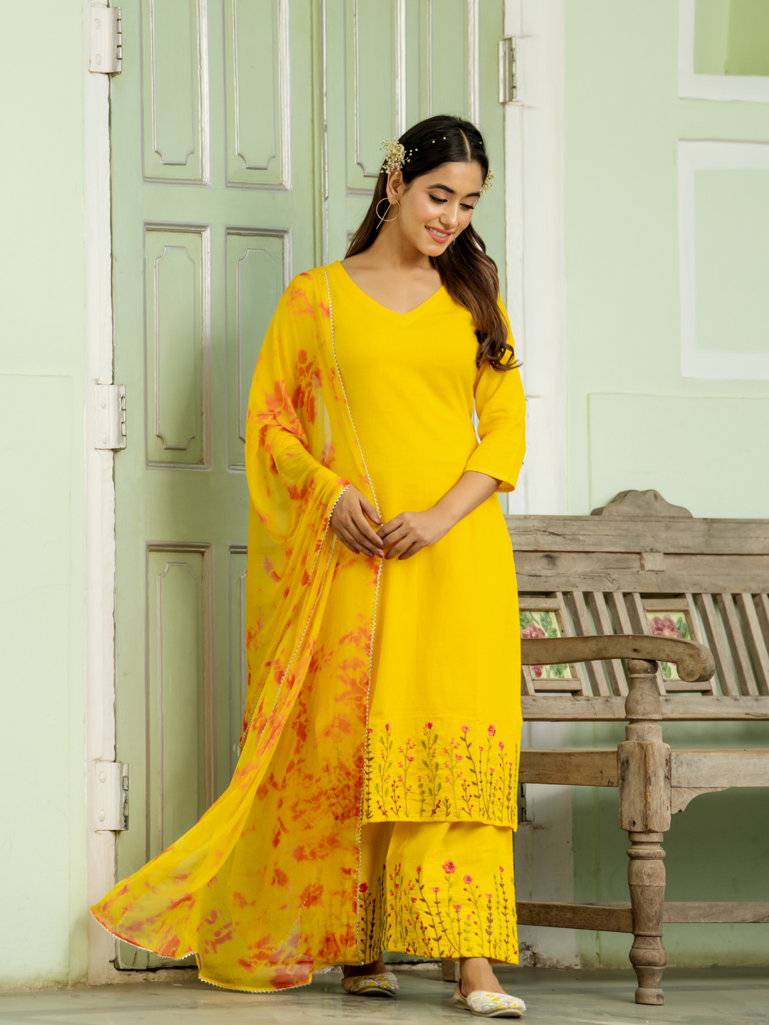 BRIGHT MUSTARD EMBROIDERY PALAZZO SET