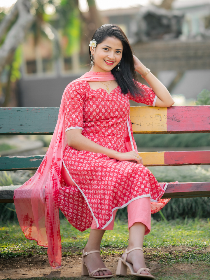 RED COTTON KANTHA KURTA SET