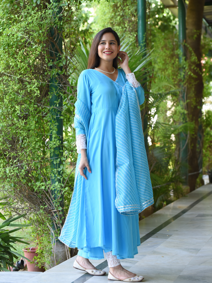 AQUA BLUE KOTA DORIYA ANGRAKHA SET