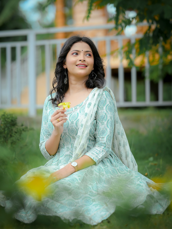 GREEN PRINTED GOTA SUIT SET