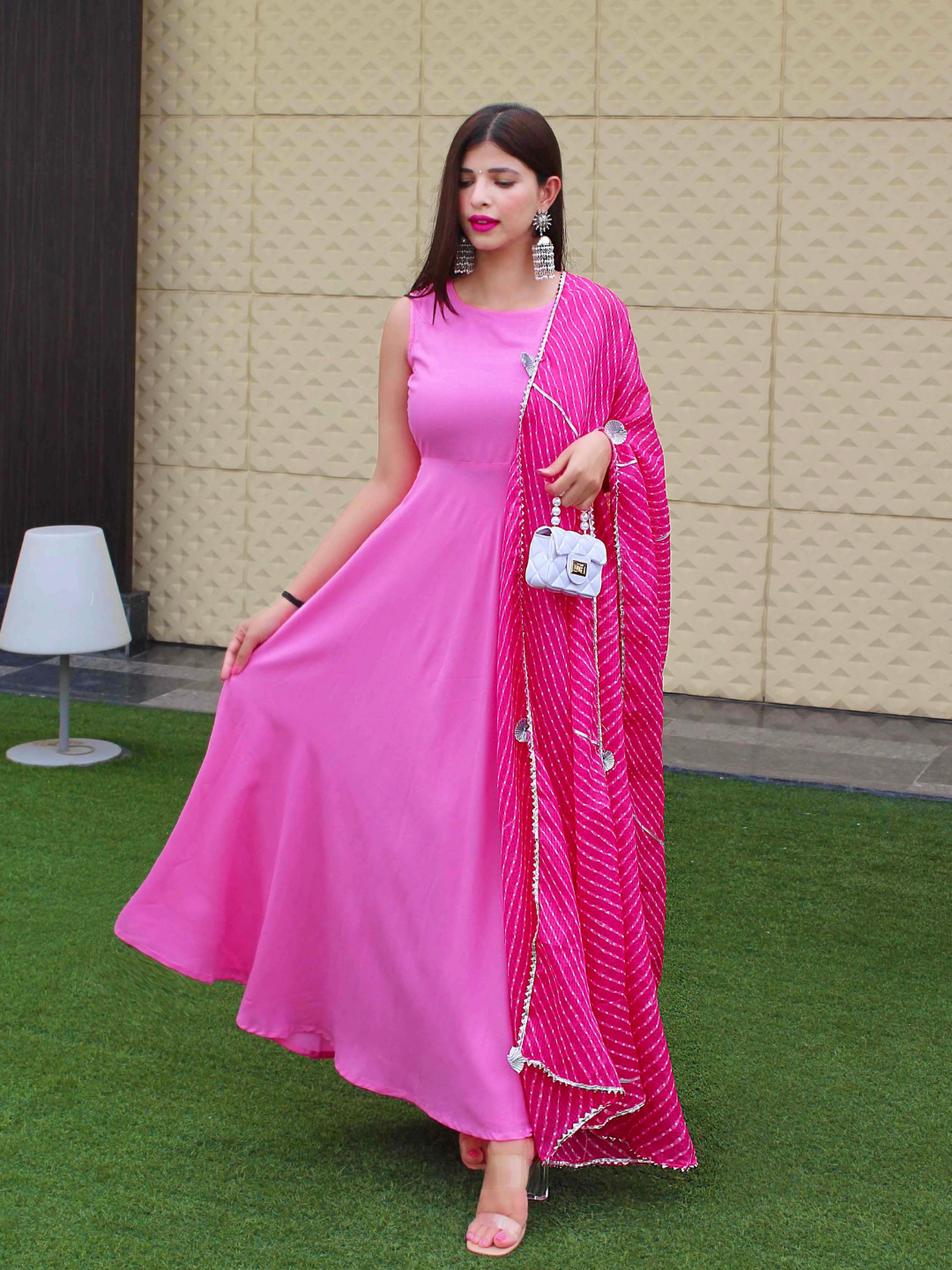 HOT PINK ANARKALI TASSAL SUIT SET