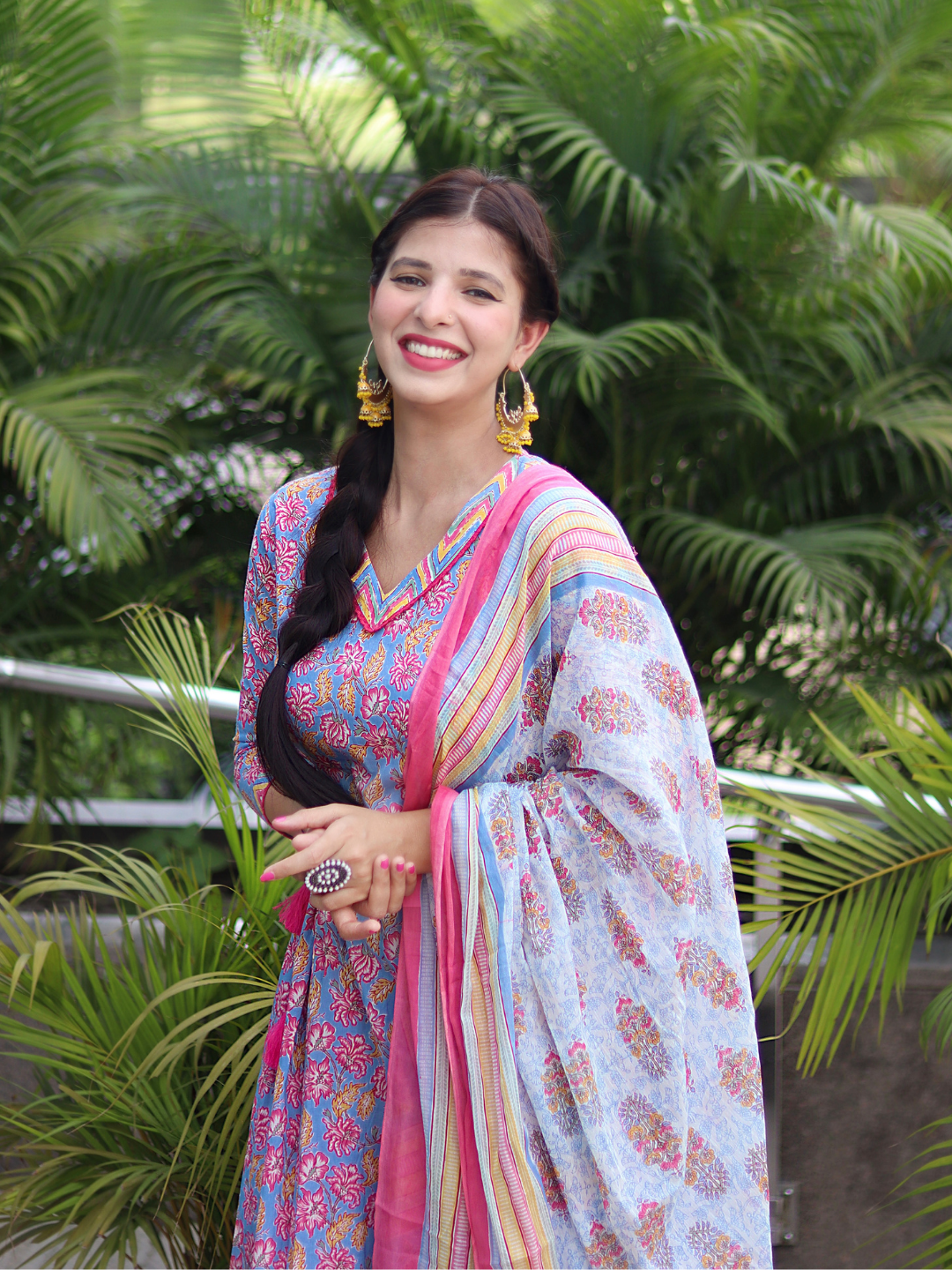 PINK COTTON ANARKALI SUIT SET