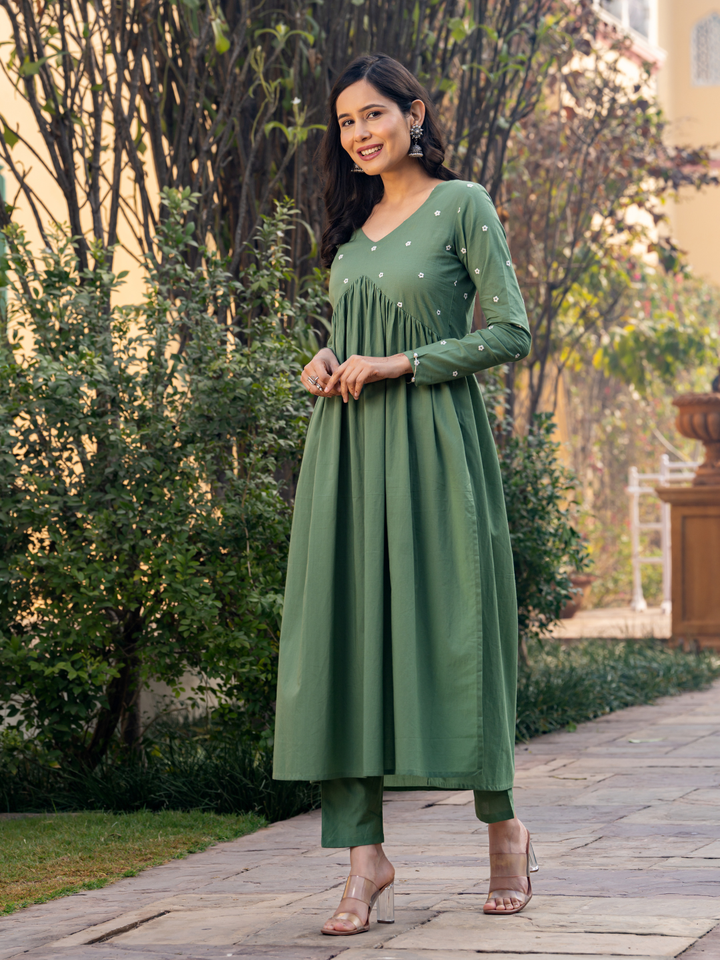 OLIVE EMBROIDERY KURTA SET
