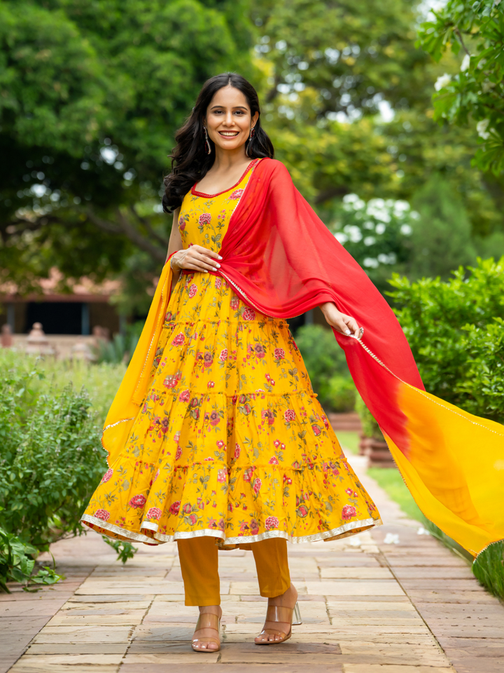 MUSTARD MIRROR BLOSSOM ANARKALI SET