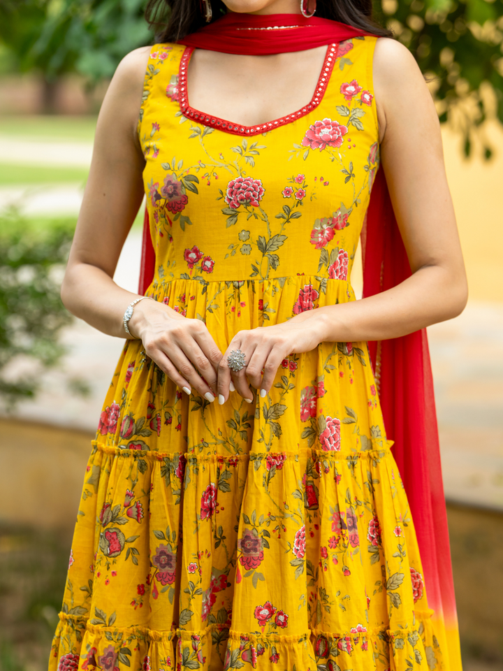 MUSTARD MIRROR BLOSSOM ANARKALI SET