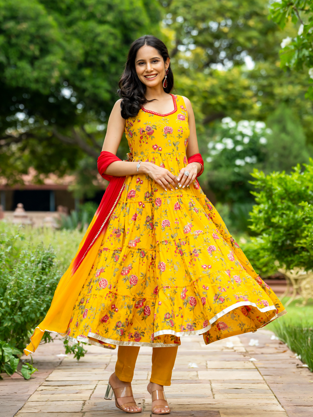 MUSTARD MIRROR BLOSSOM ANARKALI SET