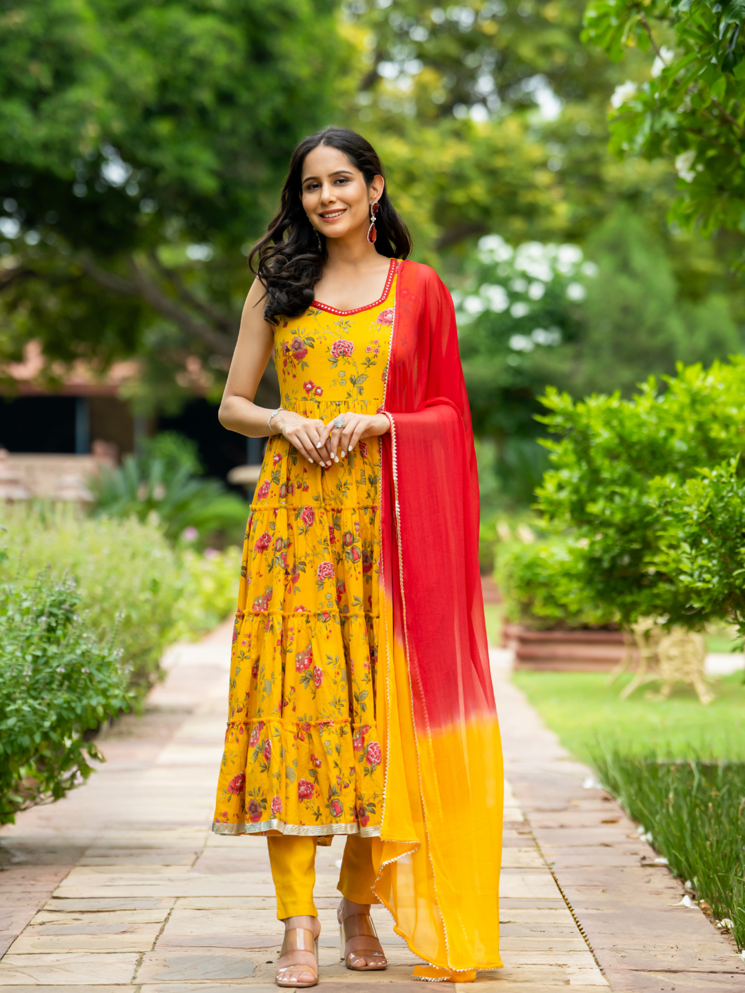 MUSTARD MIRROR BLOSSOM ANARKALI SET