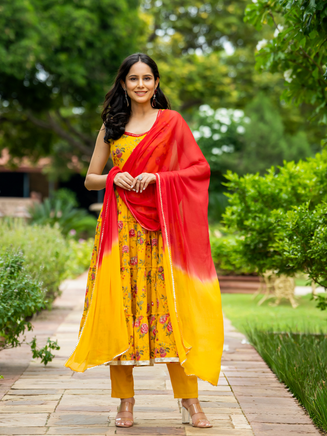 MUSTARD MIRROR BLOSSOM ANARKALI SET