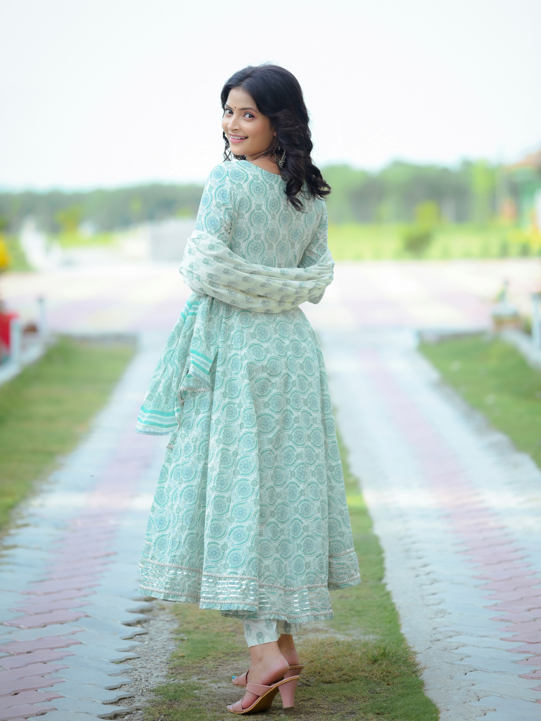 GREEN PRINTED GOTA SUIT SET