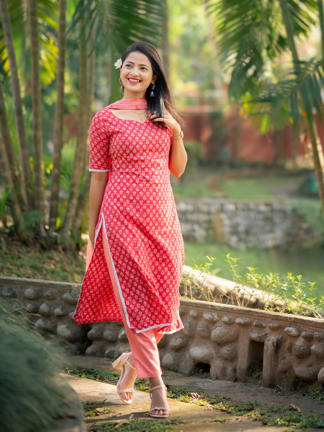 RED COTTON KANTHA KURTA SET