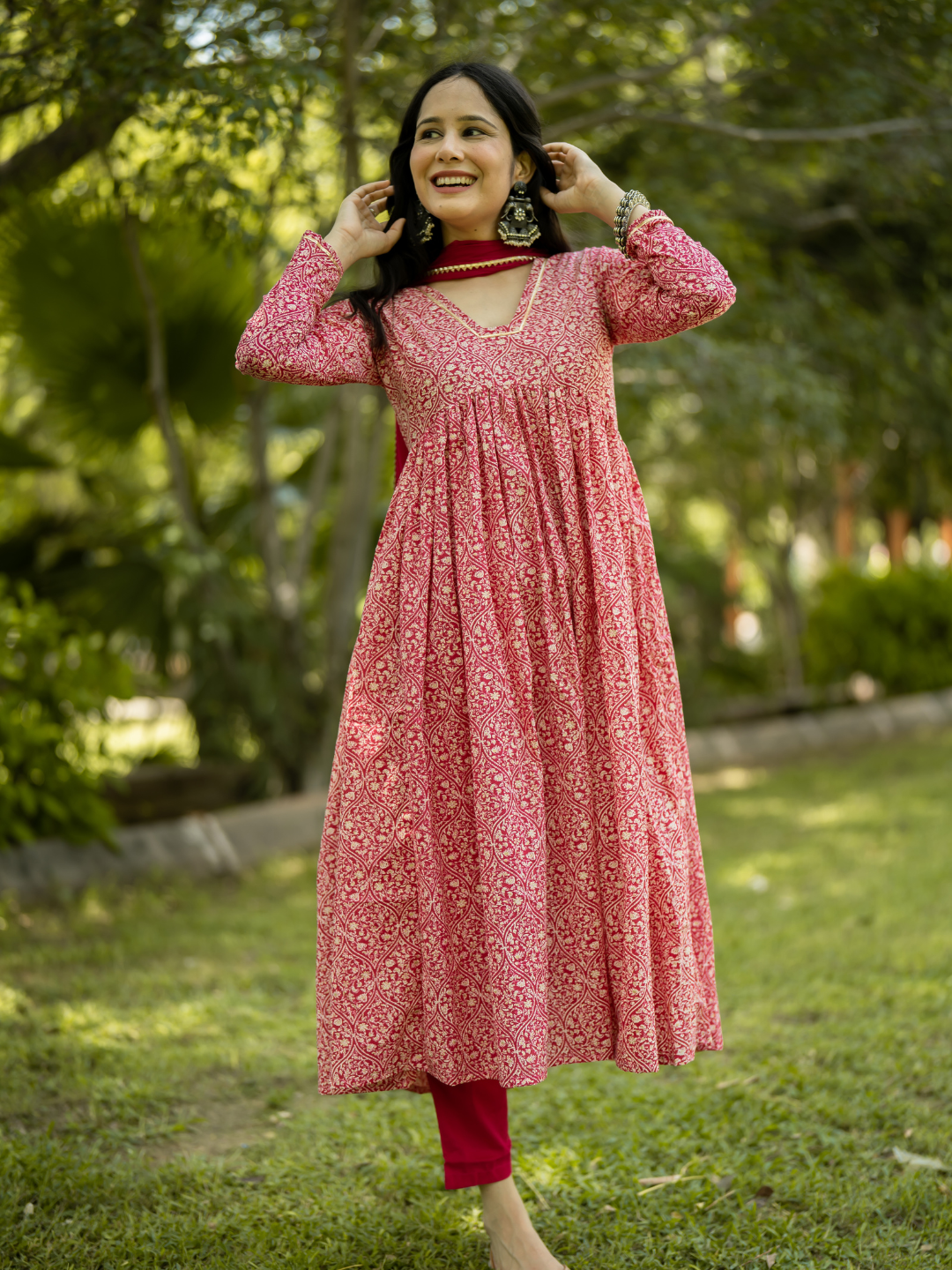 PINK COTTON FLARED KURTA SET