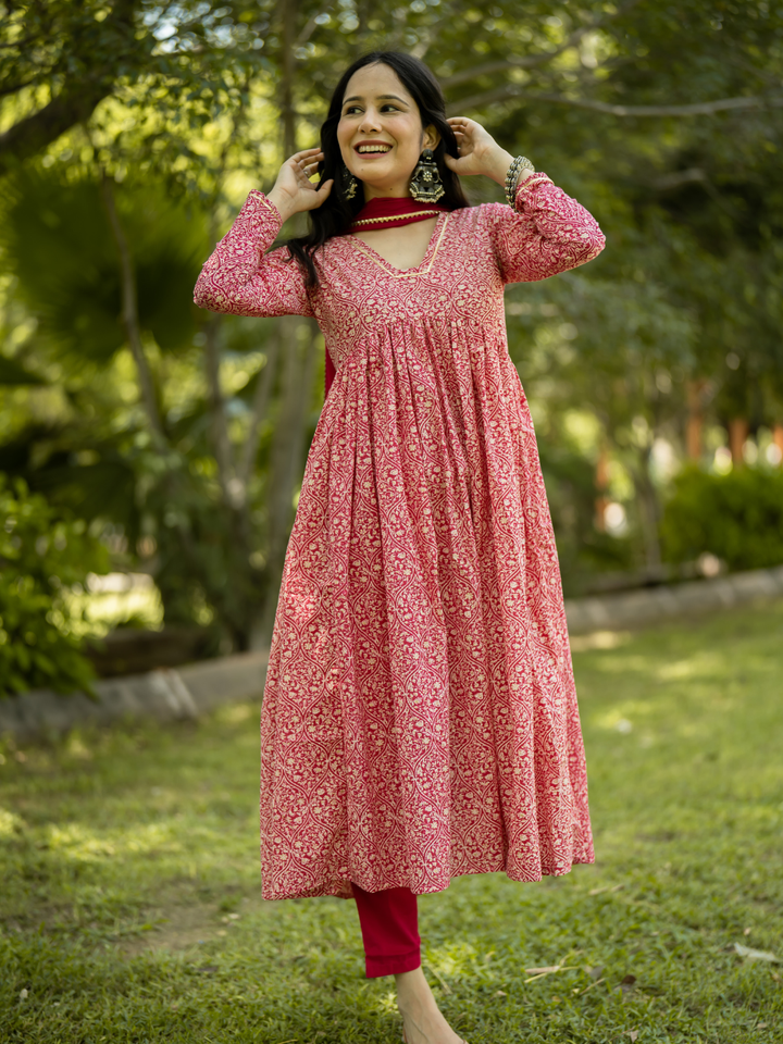 PINK COTTON FLARED KURTA SET