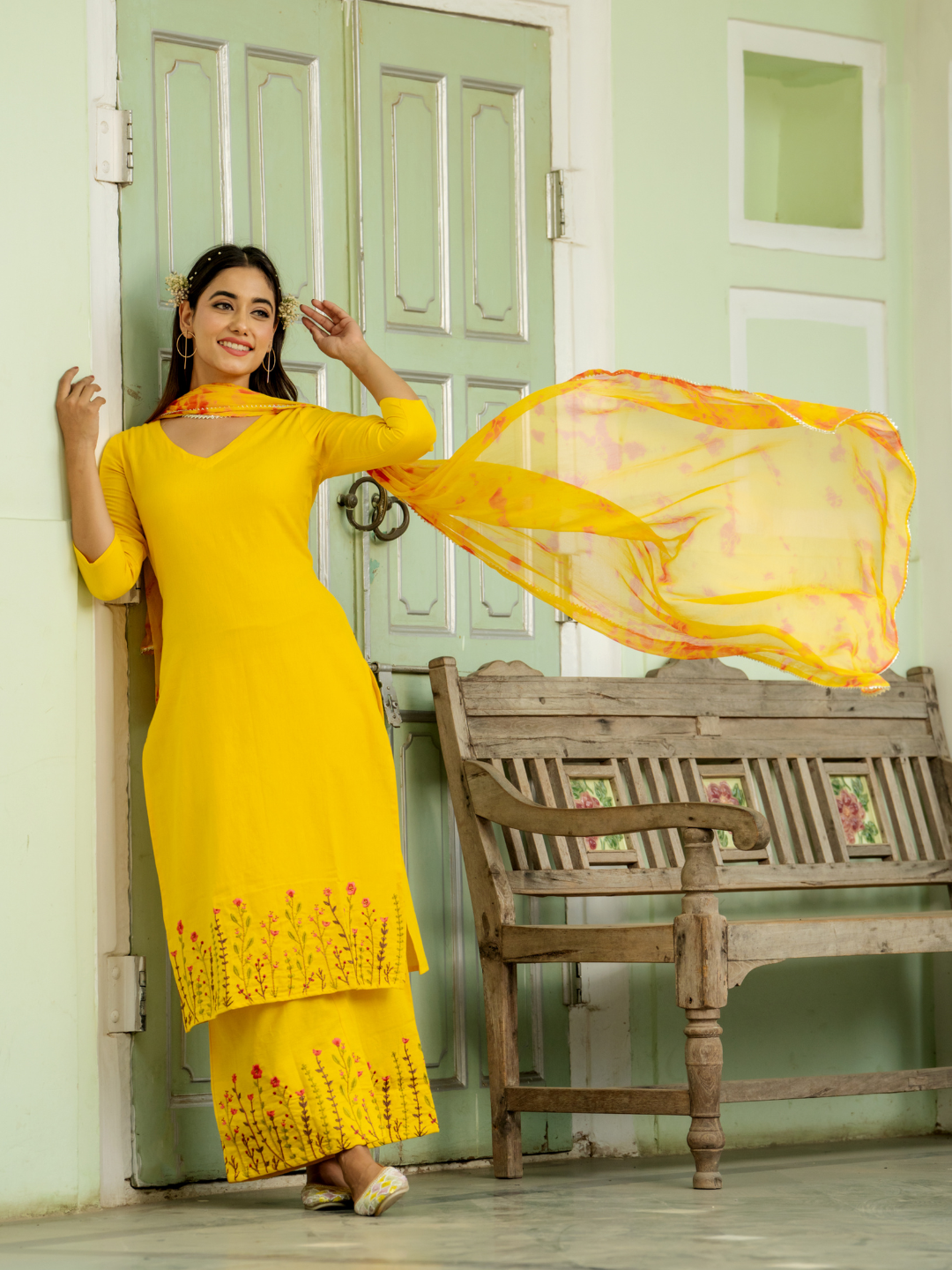 BRIGHT MUSTARD EMBROIDERY PALAZZO SET