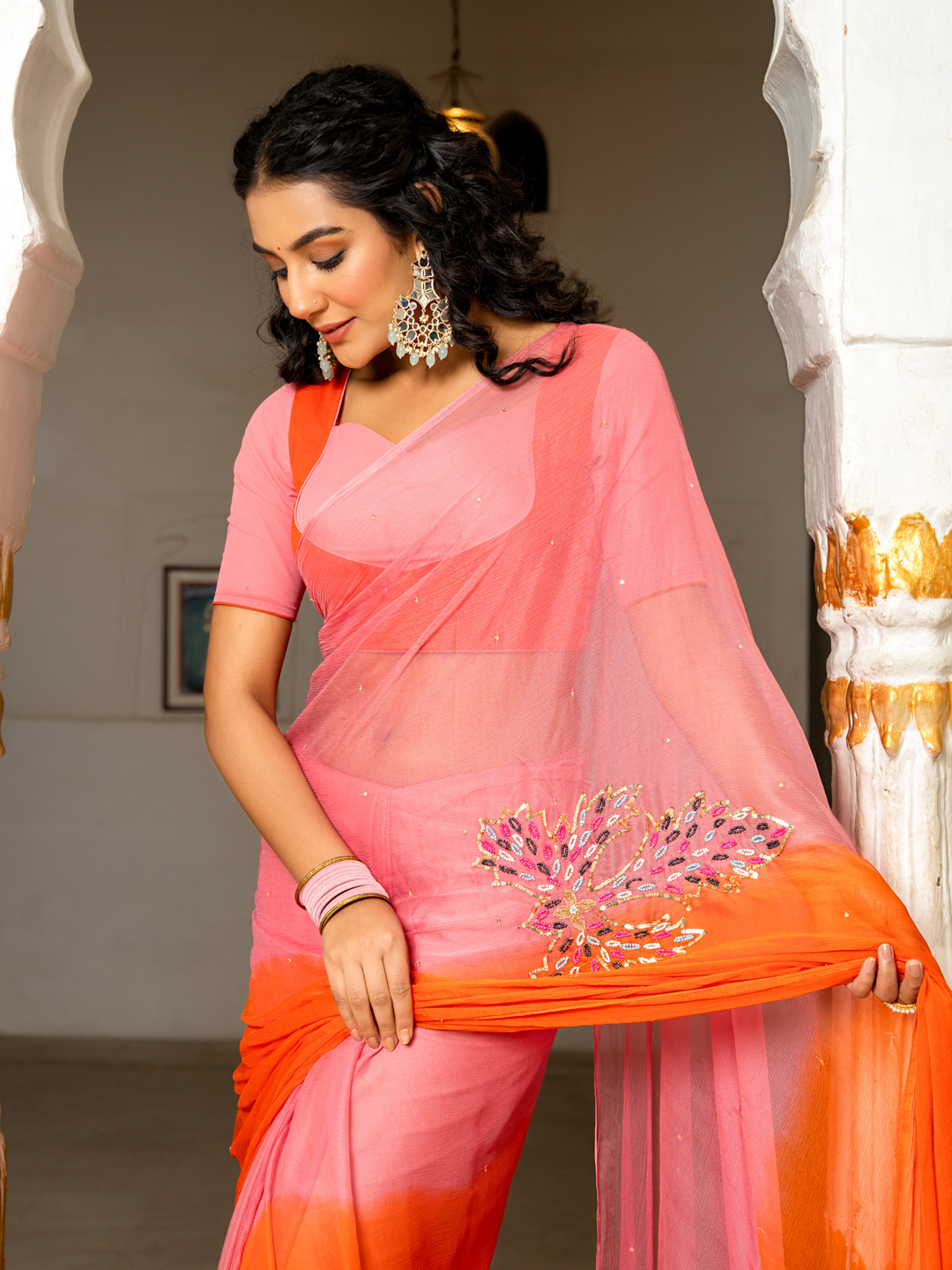 RANGRATAN BEADS WORK CHIFFON SAREE