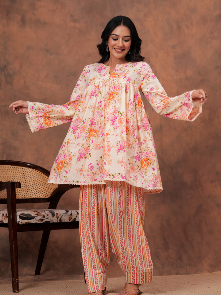PEACH FLORAL ANARKALI FARSI SET