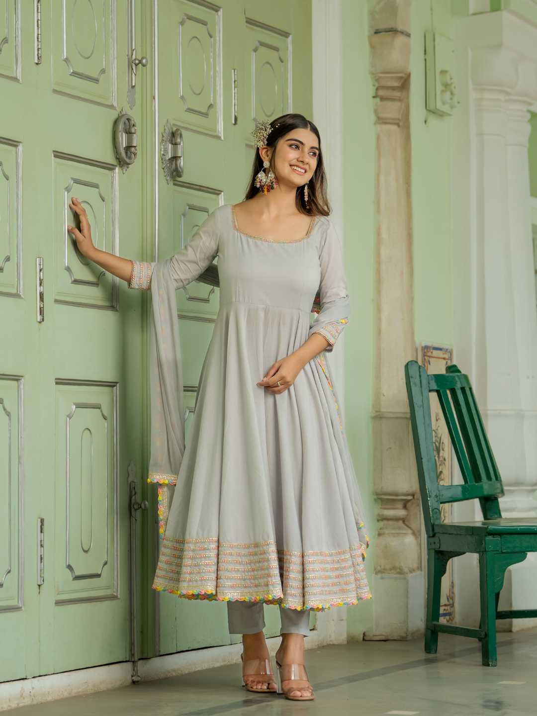 CELESTIAL GREY ANARKALI SET