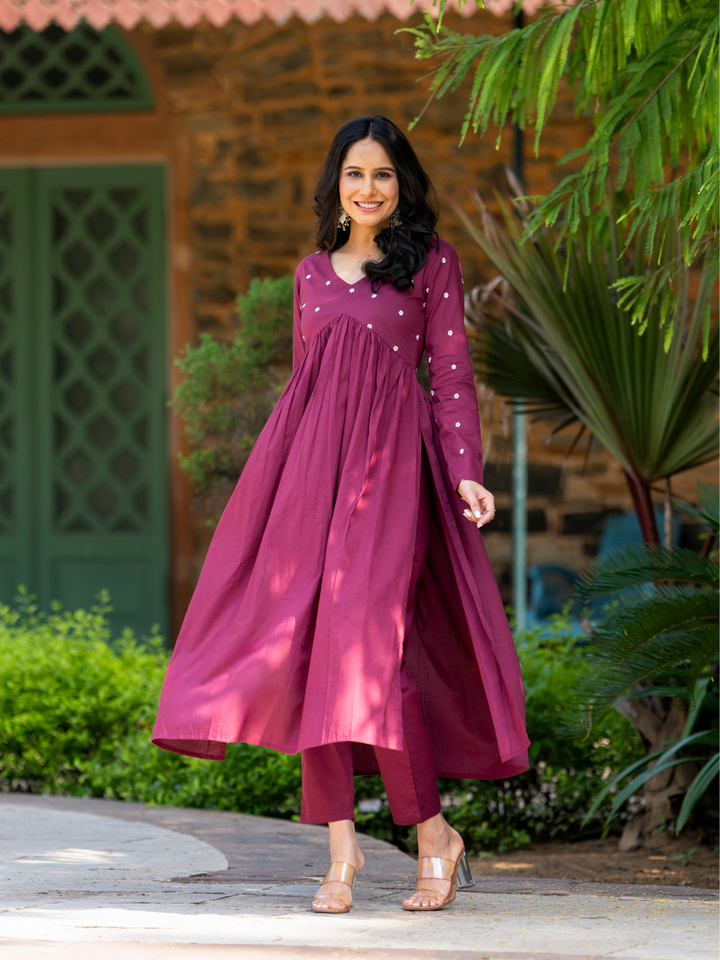 WINE EMBROIDERY KURTA SET