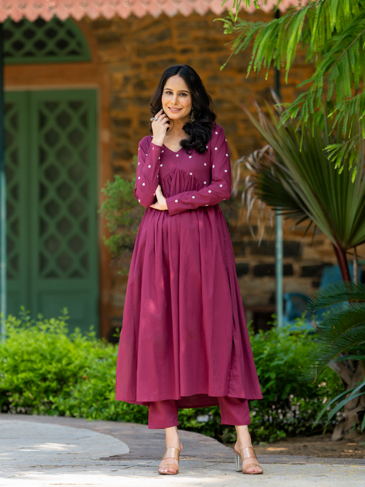 WINE EMBROIDERY KURTA SET