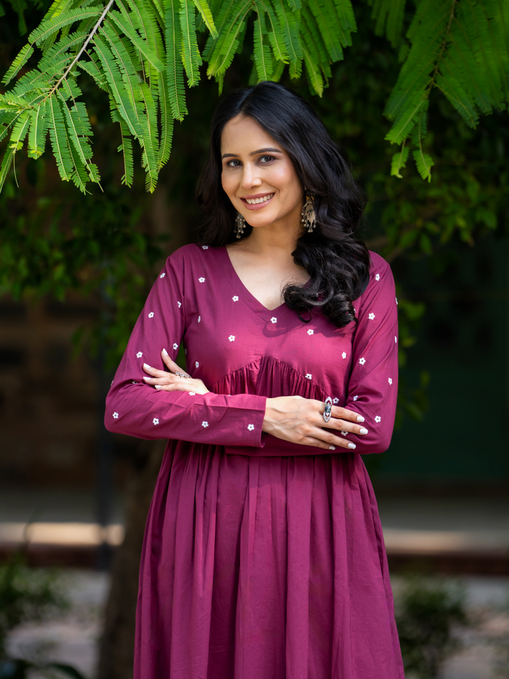 WINE EMBROIDERY KURTA SET