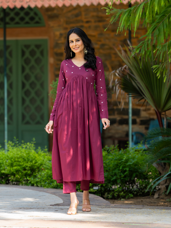 WINE EMBROIDERY KURTA SET