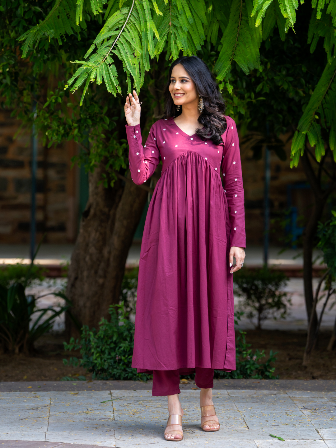 WINE EMBROIDERY KURTA SET