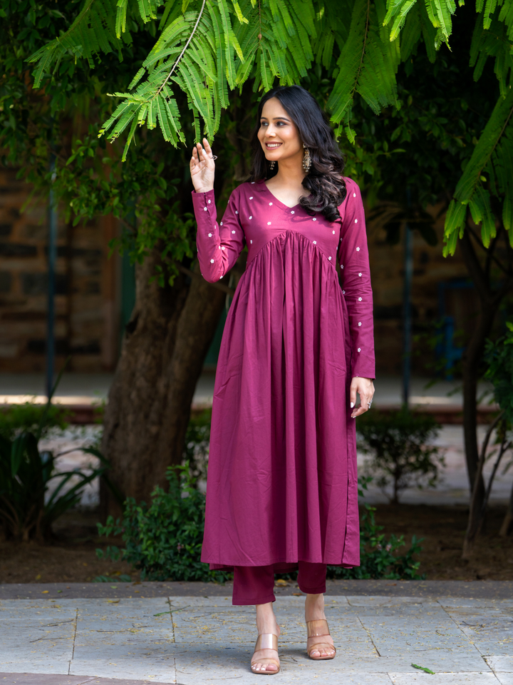 WINE EMBROIDERY KURTA SET