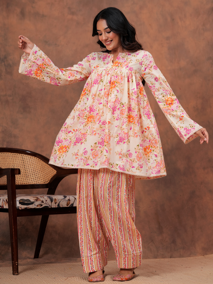 PEACH FLORAL ANARKALI FARSI SET