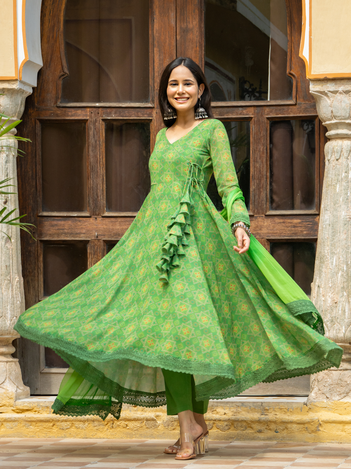 GREEN GEORGETTE BANDHEJ SUIT SET