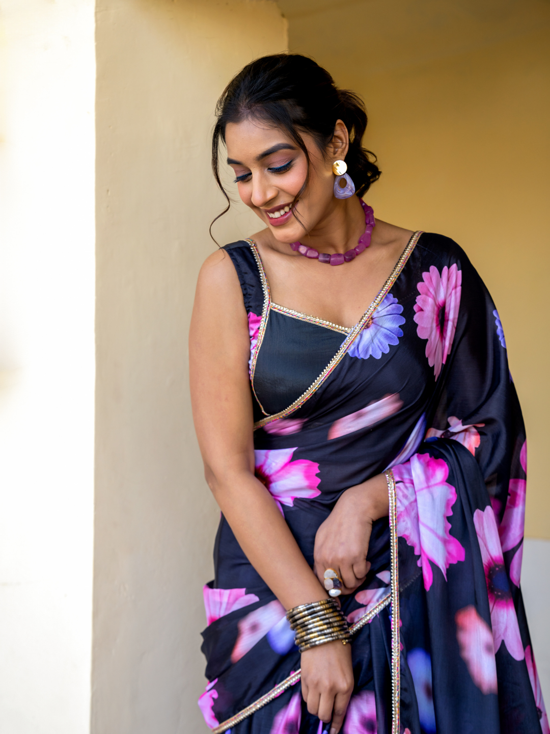MIDNIGHT BLOOM CHINON PRE-DRAPED SAREE